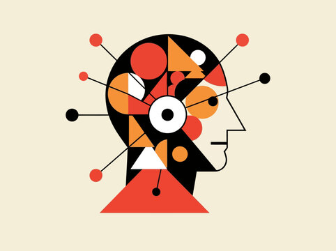 Abstract Geometric Human Head Illustration Representing Artificial Intelligence, Psychology, and Creative Thinking in Bauhaus Art Style