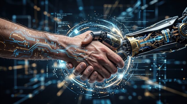 Handshake between a human and a robot representing artificial intelligence partnership and future technology