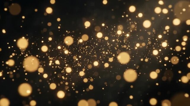 Floating Golden Dust Particles and Glowing Bokeh Lights on Dark Background