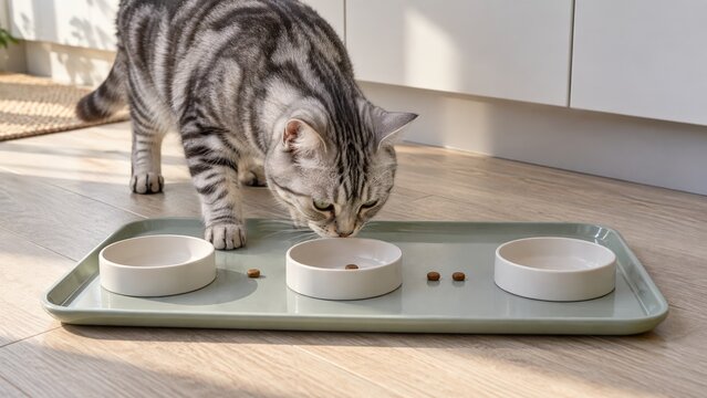 Silver tabby cat following a kibble trail through three open shallow cups on a washable kitchen tray for simple indoor feeding enrichment