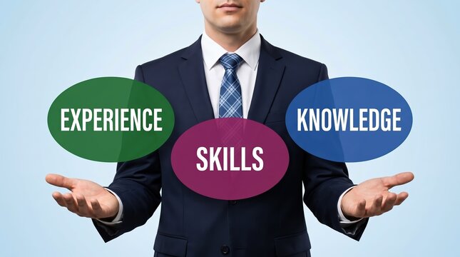 Professional businessman showing key core values for success including experience, skills and knowledge for career growth, recruitment, and human resources development