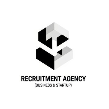 Isometric 3D hexagonal logo design with black and white interlocking geometric shapes above the text Recruitment Agency Business and Startup on a clean white background.