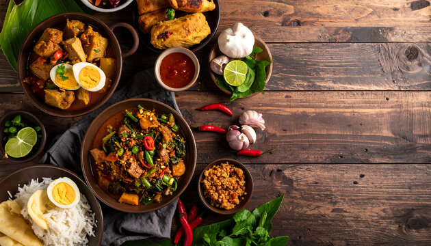 Authentic Indonesian Cuisine Assortment featuring Traditional Spicy Dishes Curry and Rice on Rustic Wooden Background Flat Lay