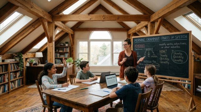 Group of children learning grammar lesson in cozy attic classroom with wooden beams