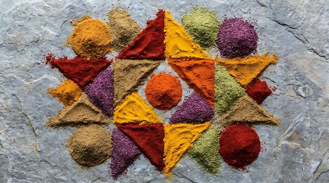 Colorful indian spices arranged in a star pattern on a textured gray stone surface. poudres