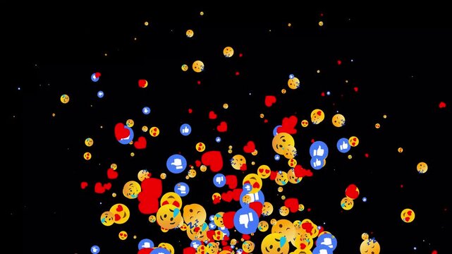 Animated floating emoji icons background loop pack, social media reactions heart thumbs up sad face emoticons, Heart Eyes, Like and Laughing Faces flying Upward on black background.4k video