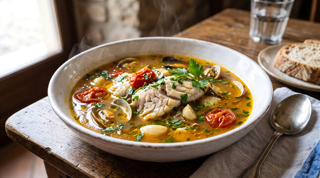 Hyper Realistic 9K Three Quarter Angle Close Up Vatican St Peters Fish Soup with Saffron Broth Food Photography