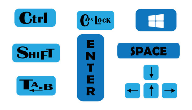 Set of blue computer keyboard control keys, enter, spacebar, and arrow buttons vector design
