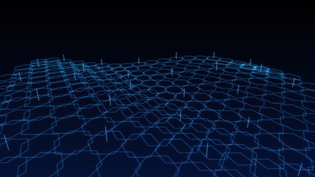 Abstract Glowing Blue Hexagonal Grid Pattern Floating in Dark Space Representing Advanced Modern Technology