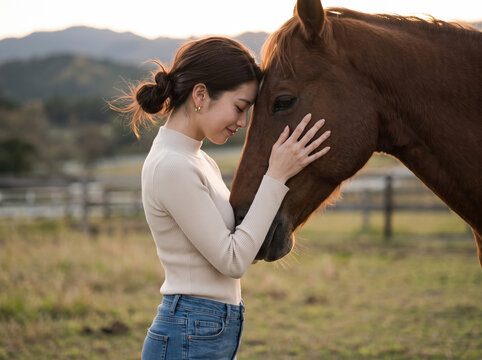 夕暮れの牧草地で愛馬の額に自身の額を優しく寄せ、顔を撫でる女性