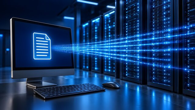 Glowing digital document icon transmitting high speed fiber optic data streams into massive dark server racks