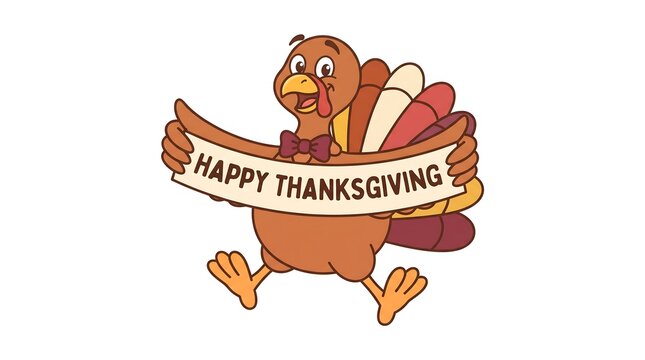 Excited cartoon turkey running while holding a happy thanksgiving banner with thanksgiving greeting illustration