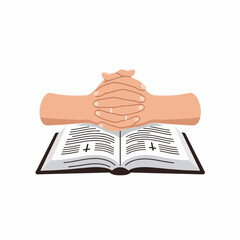 Fototapeta premium Christian Praying Hands Resting on Open Holy Bible Pages