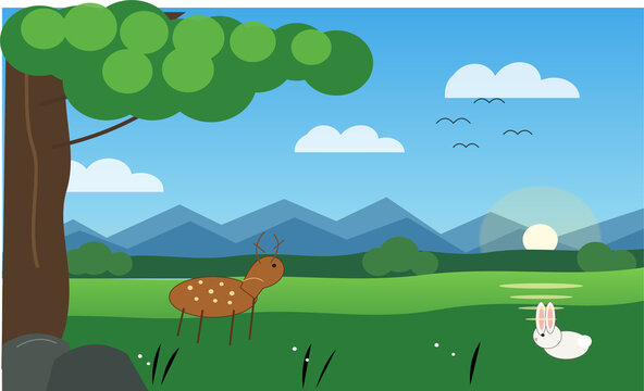 Flat vector landscape illustration, mountain scenery with deer and rabbit, nature background with green meadow and blue sky