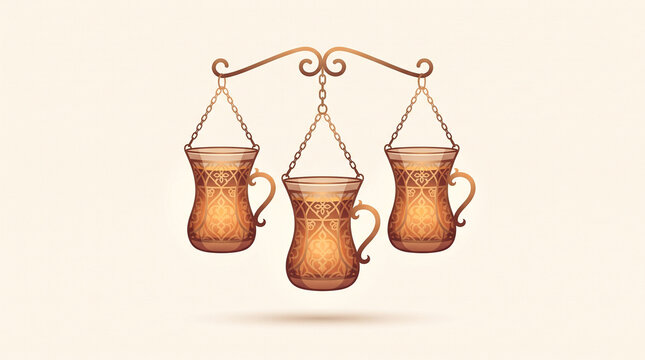 Three traditional Middle Eastern tea glasses hanging on a decorative metallic balance scale representing justice and hospitality