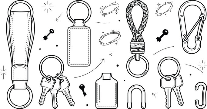 Leather keychain and metal keyring vector element set with braided strap carabiner hook ring loops and house keys
