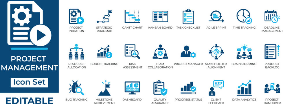 Project management icon set. Containing gantt chart, kanban board, agile sprint, resource allocation and team collaboration icons. Solid icon collection.