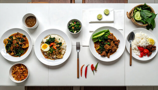 Top-down flat lay view of traditional Indonesian lunch dishes served on white plates with rice, vegetables, and spicy chili on a modern table