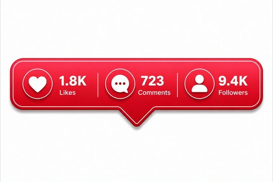 Social media engagement stats badge with likes, comments, and followers count