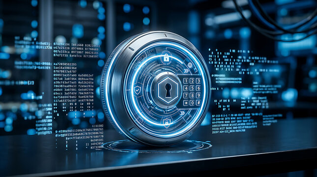 Futuristic Digital Security System Interface Display.