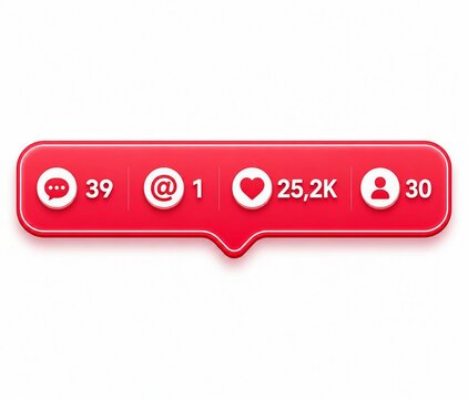 Red social media interaction button with likes, comments, shares and profile views count