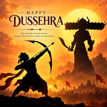 Happy Dussehra celebration greeting card design with silhouette of archer and multi headed figure at sunset