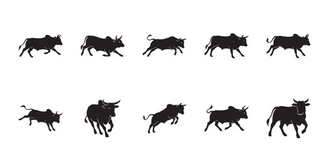 Obraz premium African boran cow vector. Isolated black silhouettes of boran cattle walking and standing for agriculture graphic projects.