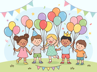 Fototapeta premium Diverse group of happy children holding colorful balloons at a festive birthday party celebration with bunting and confetti