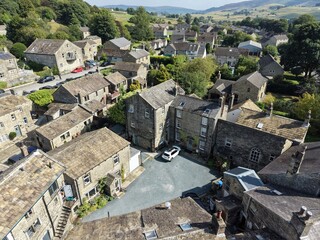 aerial view of Grassington, North Yorkshire, Yorkshire Dales National Park Famed as the fictional town of Darrowby in the TV series All Creatures Great and Small © burnstuff2003