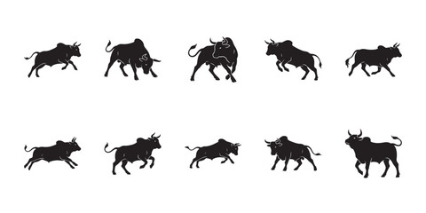 Fototapeta premium Herd of boran cattle. Pack of isolated boran zebu silhouettes showing various poses for livestock dairy projects. 