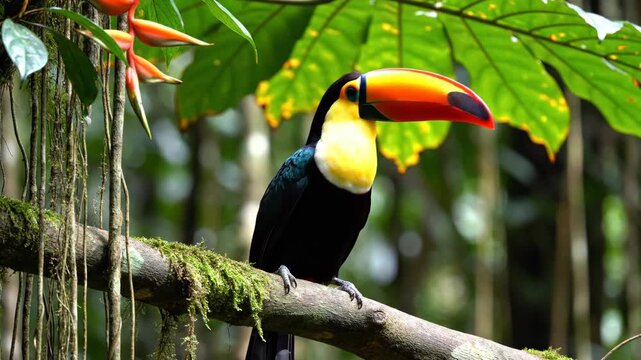 Colorful Toucan Perched on a Branch in a Lush Tropical Forest