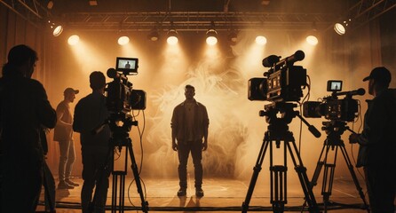 Fototapeta premium Film Crew Shooting Cinematic Scene with Smoke and Studio Lights