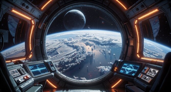 Sci-Fi Spaceship Cockpit View of Earth and Moon with Futuristic Control Panels