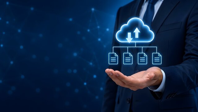 Businessman presenting glowing cloud computing hologram with synchronized digital document icons representing corporate data storage