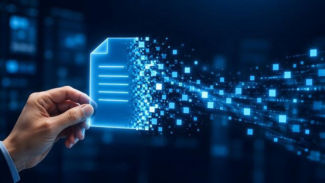 Hand holding glowing digital document shattering into pixelated data streams representing information digitization and processing