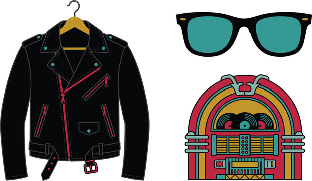 Retro rock and roll fashion elements vector illustration featuring a leather jacket, sunglasses, and jukebox