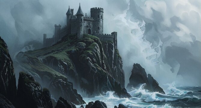 Mystical Medieval Castle on Rocky Cliffside with Foggy Ocean Waves