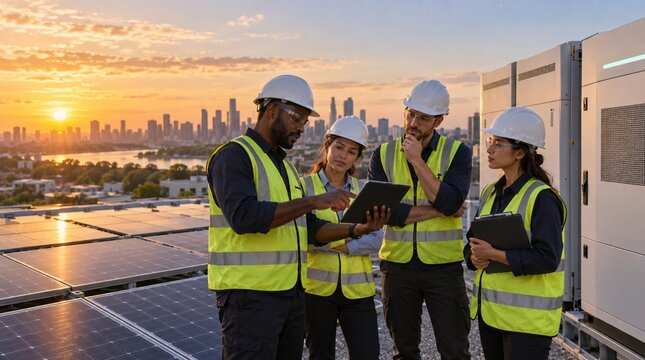 Ultra-realistic wide-angle photograph of a diverse renewable-energy engineering team inspecting rooftop solar panels and a modern battery storage system at sunset