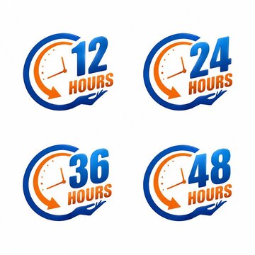 Colorful digital clock icons showing 12, 24, 36, and 48 hours duration