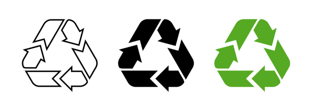 Recycle symbol icons on transparent background, PNG. Recycle vector logo with flat green, solid black and black outline.