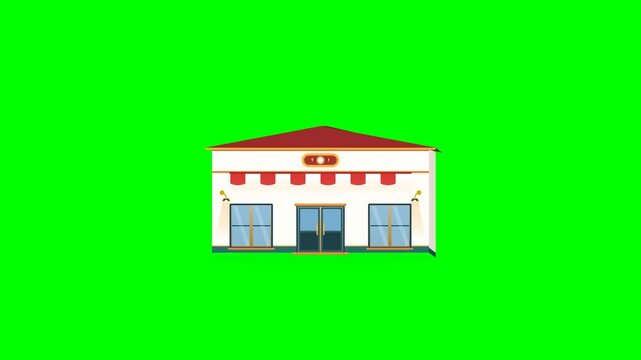 Modern 2.5D restaurant icon showing dining service, hospitality, food business, and customer experience activation with precise architecture and seamless motion on clean green screen.