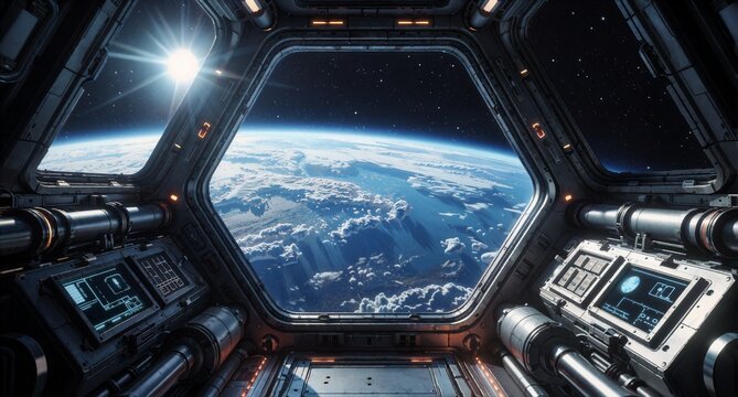 View of Earth from Space Station Interior with Futuristic Sci-Fi Cockpit Windows