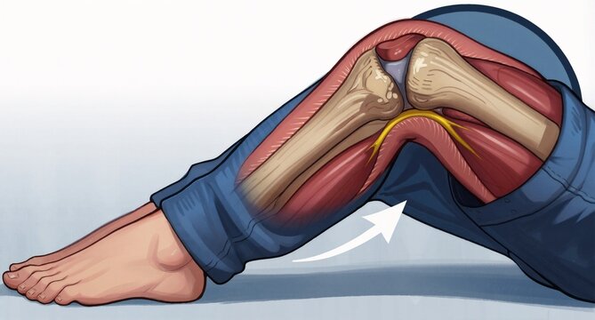 Human Knee Joint Anatomy Illustration Showing Bones, Muscles and Ligaments during Flexion Movement