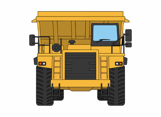 Front view of duty yellow mining dump truck isolated on white background for transportation and industrial concepts. © Restu