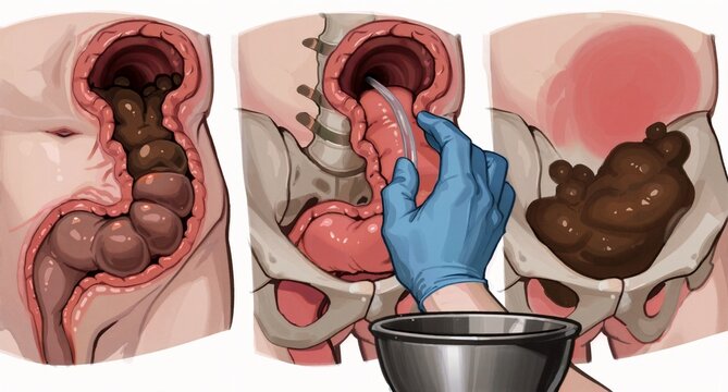 Medical Illustration of Colonoscopy Procedure and Fecal Impaction Removal