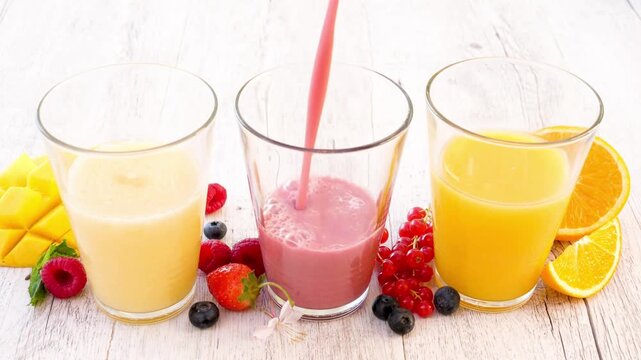 Three fresh fruit smoothies with mango, berries and orange, pouring video