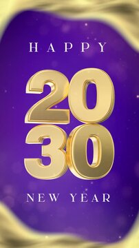 Festive Happy New Year 2030 vertical banner with elegant white and gold 3D numbers on purple.