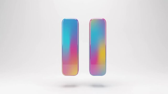 3D pause button icon with vibrant holographic iridescent gradient texture on white background symbol