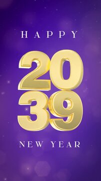 Festive Happy New Year 2039 vertical banner with elegant white and gold 3D numbers on purple.