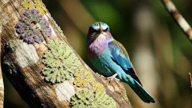 Colorful Lilac-breasted Roller bird foraging on lichen-covered tree branch